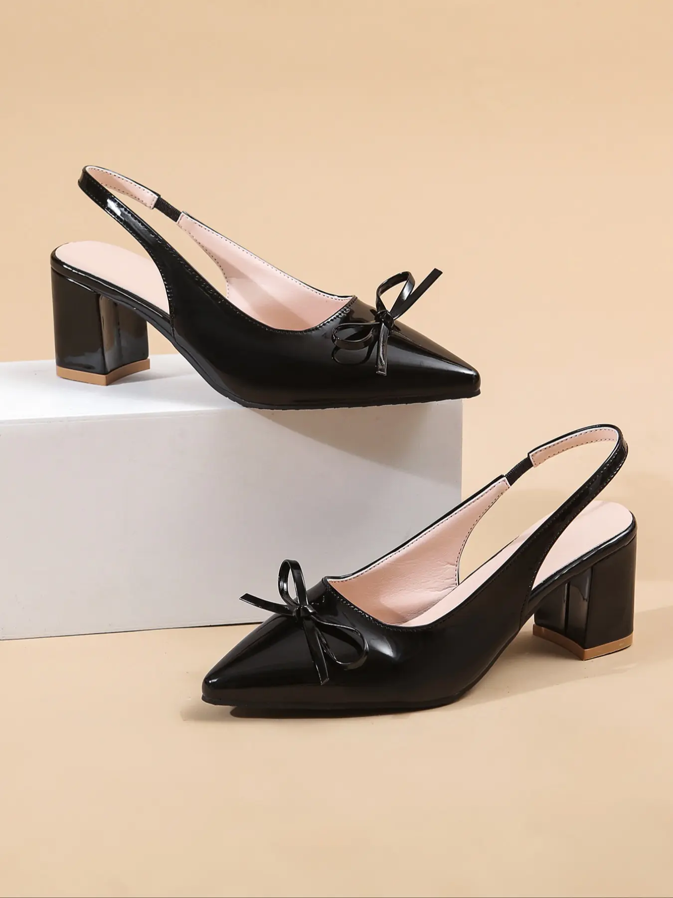 Women's Fashion Pointed Toe Butterfly Knot PU Leather Rubber Chunky Heeled Shoe Embellished Heels Shoes, Footwear, Perfect for Commuting, Parties, Weddings & Dates
