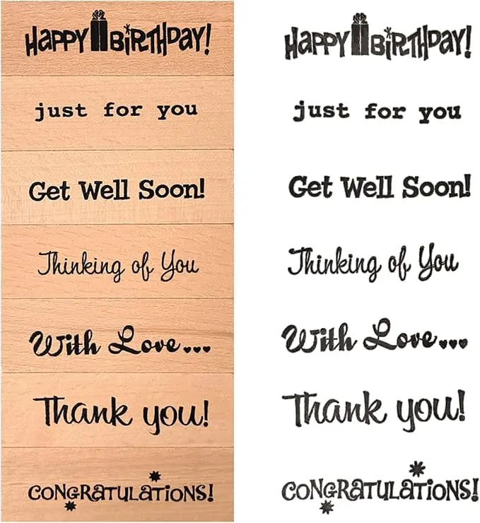 7 Pcs 3"x1" Sentiment Wood Stamp Set, Thank You & Happy Birthday | DIY Crafts, Card Making & Gift Packaging, Phrases: Thank You, Just for You, Happy Birthday, with Love, Congratulations