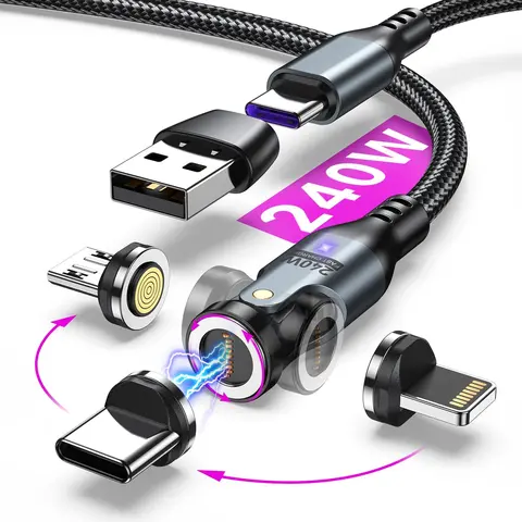AUFU 240W PD Magnetic USB-C Charging Cable - 3.3ft/6ft, 360°-180° Rotation, 3-in-1 Type C/Micro/LED Tips, Aluminium Shell Protection, for iPhone 16/15, iPad, MacBook, Mobile Fast Charging & Sync