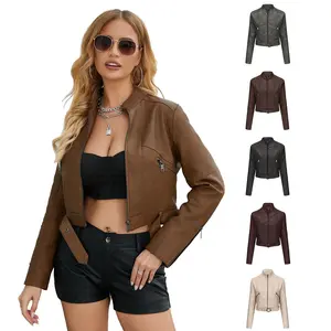 BIGWIG women's motorcycle leather jacket, short style, long sleeves, zipper closure, casual slim fit, with pockets and belt, suitable for spring and autumn wear