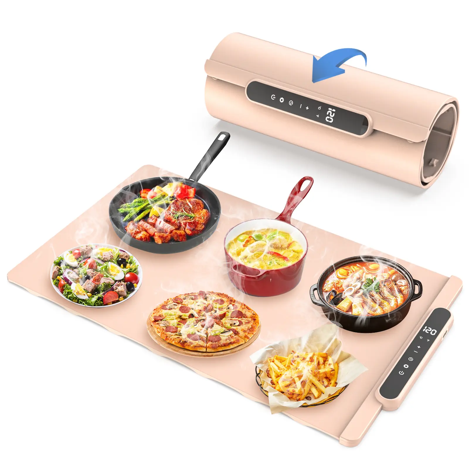 Electric Warming Tray, Portable Food Warmer with Adjustable Temperature Control, Full Surface Heating Mat with Timer Function, Roll Up Food Warmer for