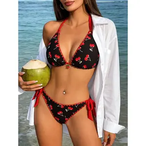 Women's Fashion Bikini Set Two-Piece Cherry Print Floral Decoration Adjustable Straps High-End Swimwear for Vacation Beach Resort Adjustable Features