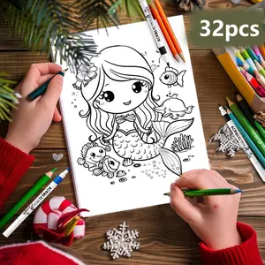 Mermaid Pattern DIY Coloring Card, 32pcs/set DIY Painting Cards (Accessories Not Included), DIY Painting Supplies for Birthday Gift and Back To School