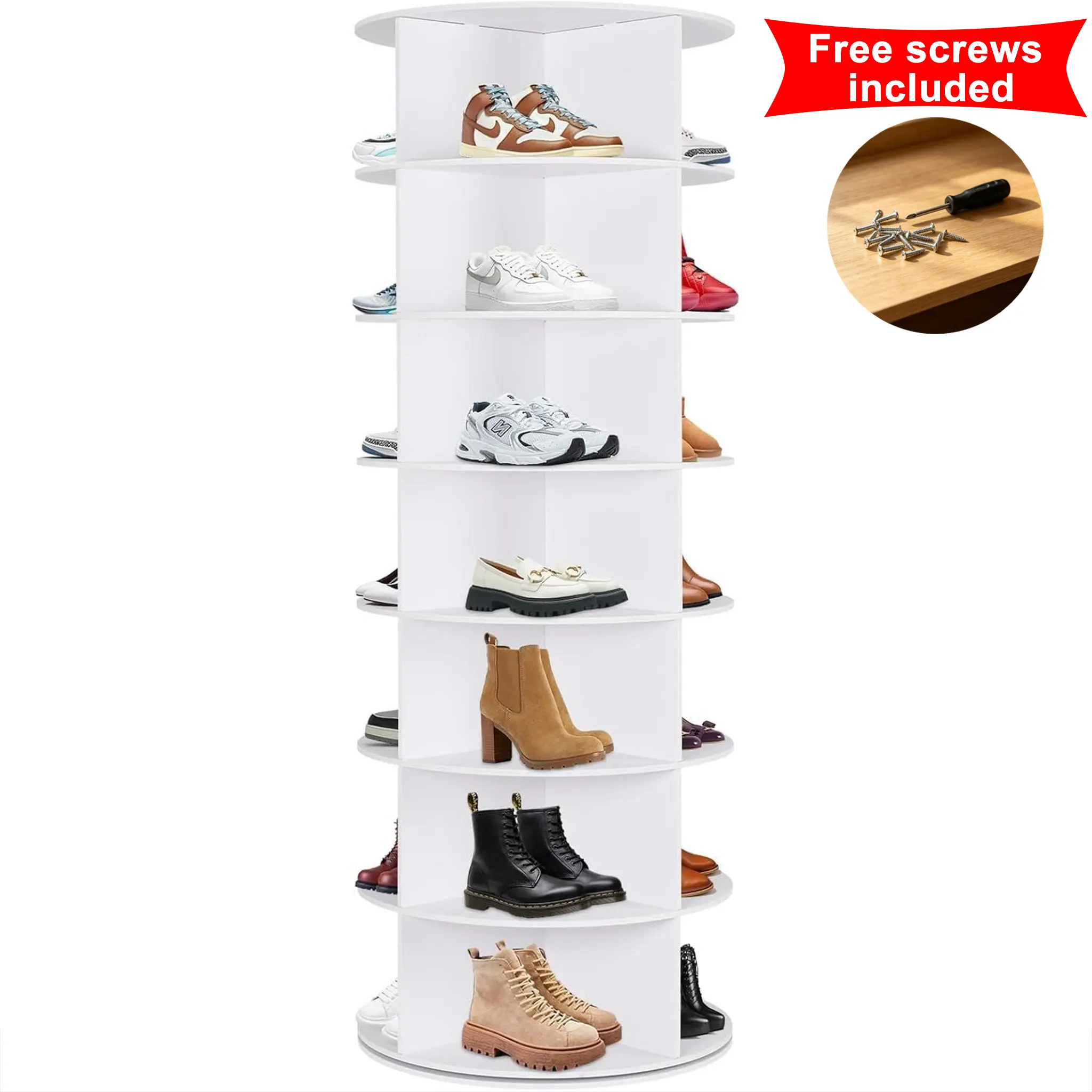 7 Tier Rotating Shoe Rack, Shoe Display with Lazy Susan, Revolving 360 Shoe Tower Storage Round Carousel, Vertical Handbag Rotate Shoes Closet Organization