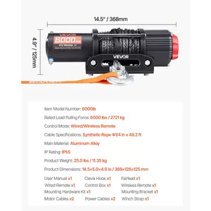 VEVOR 6000 lbs Electric Winch, 12V DC ATV/UTV Winch with 0.24 inx 49.2 ft Synthetic Rope, Wireless Wired Remote Control, IP55 Waterproof, with Fairlead Mount Plate for Towing ATV UTV Off-Road