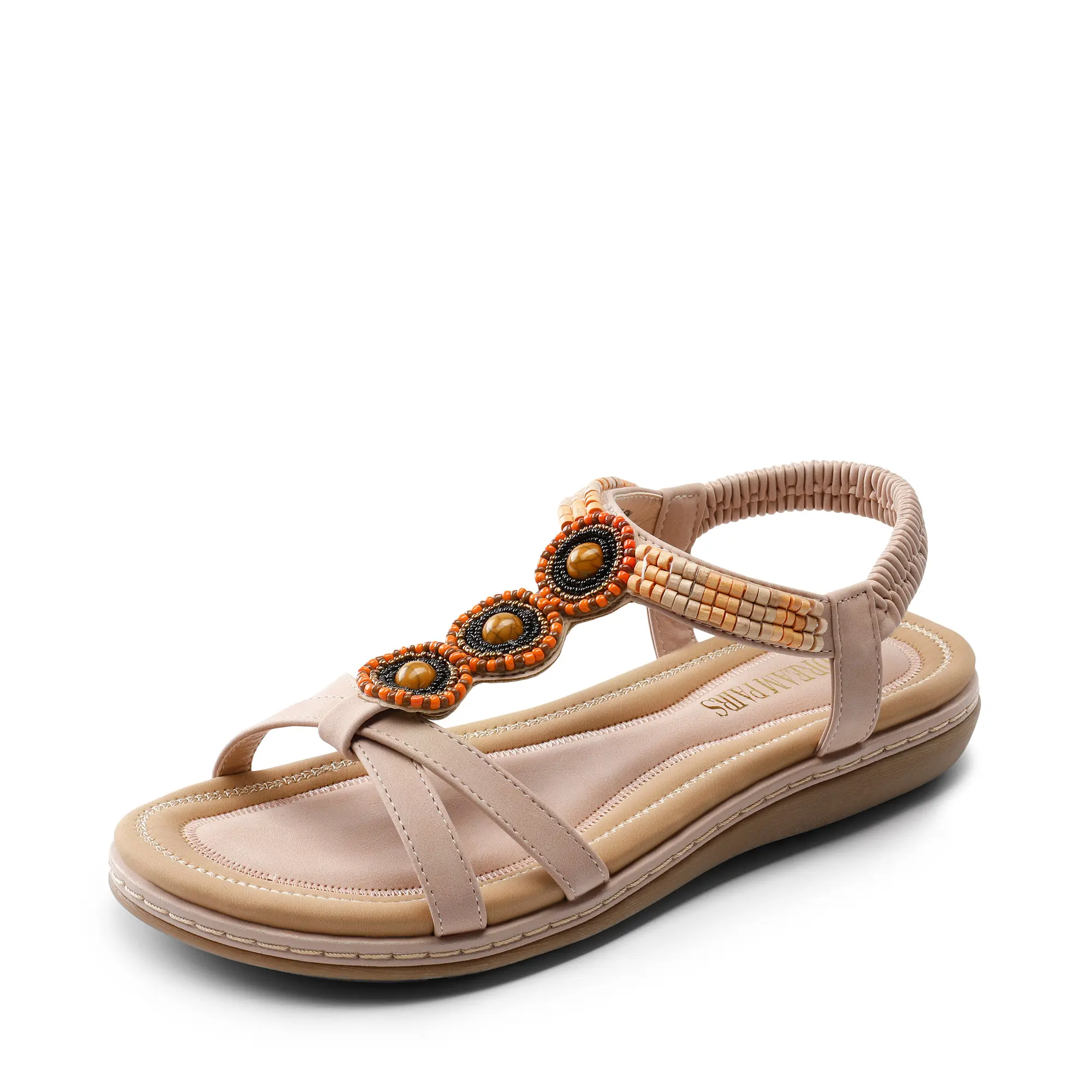 DREAM PAIRS Women's Boho Style Sandals - Comfy Elastic Ankle Strap, Casual Beaded Floral Design, Rubber Sole Daily Wear Walking Sandals, Boho Style Sandal, Daily Wear Sandals