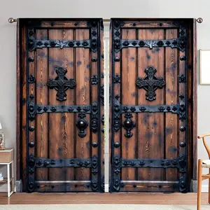 Wood Grain Print Door Curtain, 1 Set Metal Handle Door Curtain, Home Decor for Living Room Bedroom, Room Divider Curtain