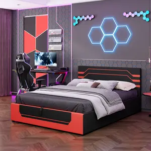 Modern Queen Size Bed Frame with Headboard, Hydraulic Storage Gaming Bed Frame, Esports Design with Cyberpunk Aesthetics, Queen Platform Bed for Gamers & Gen Z Youth, Black+Red