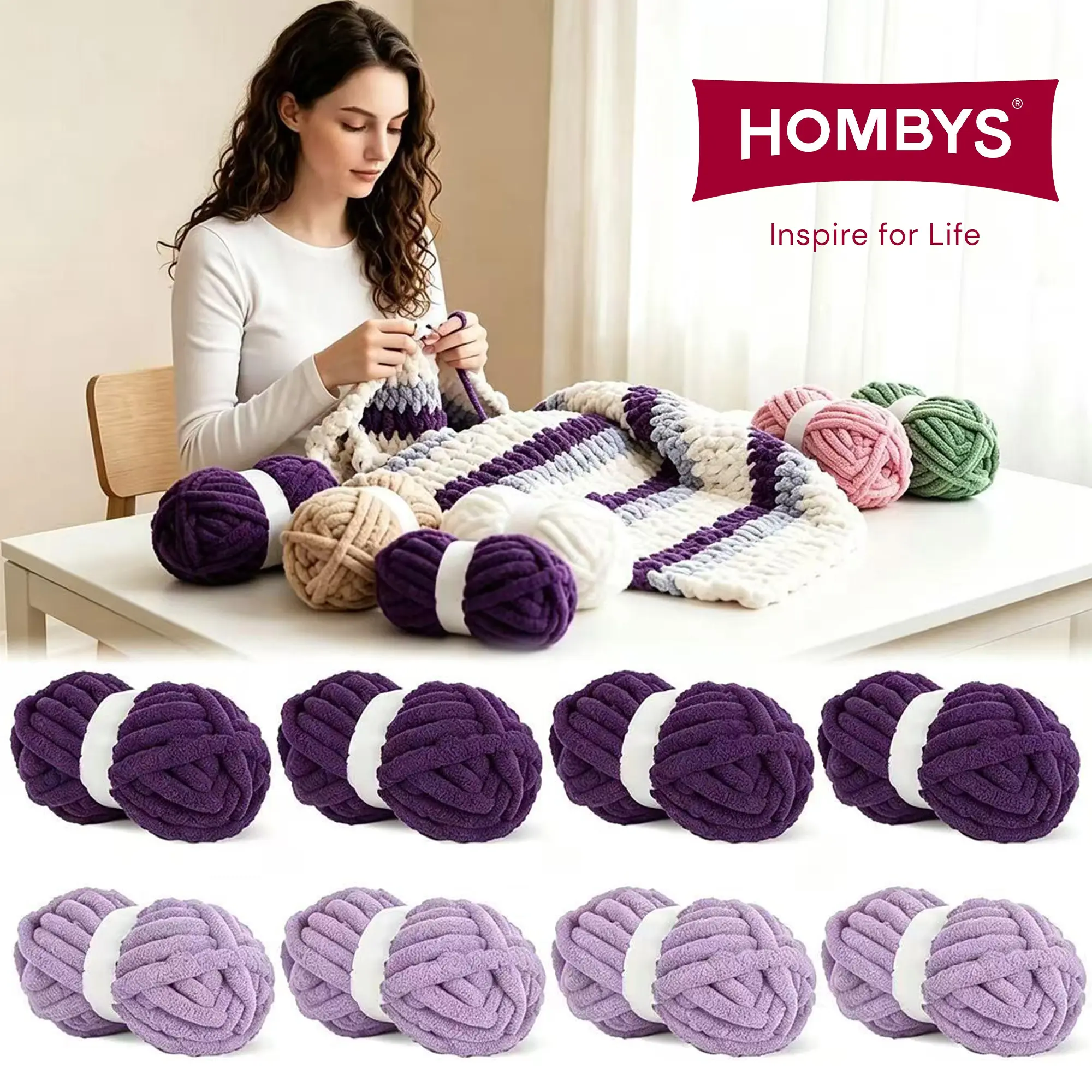 HOMBYS Chunky Chenille Yarn Set for hand knitting- 8-Pack Super Soft Jumbo Yarn for Crochet, Ideal for Rugs, Scarves, Blankets & DIY Crafts-Extra Soft Bulky Fluffy (27yds,8 oz Each Skein)