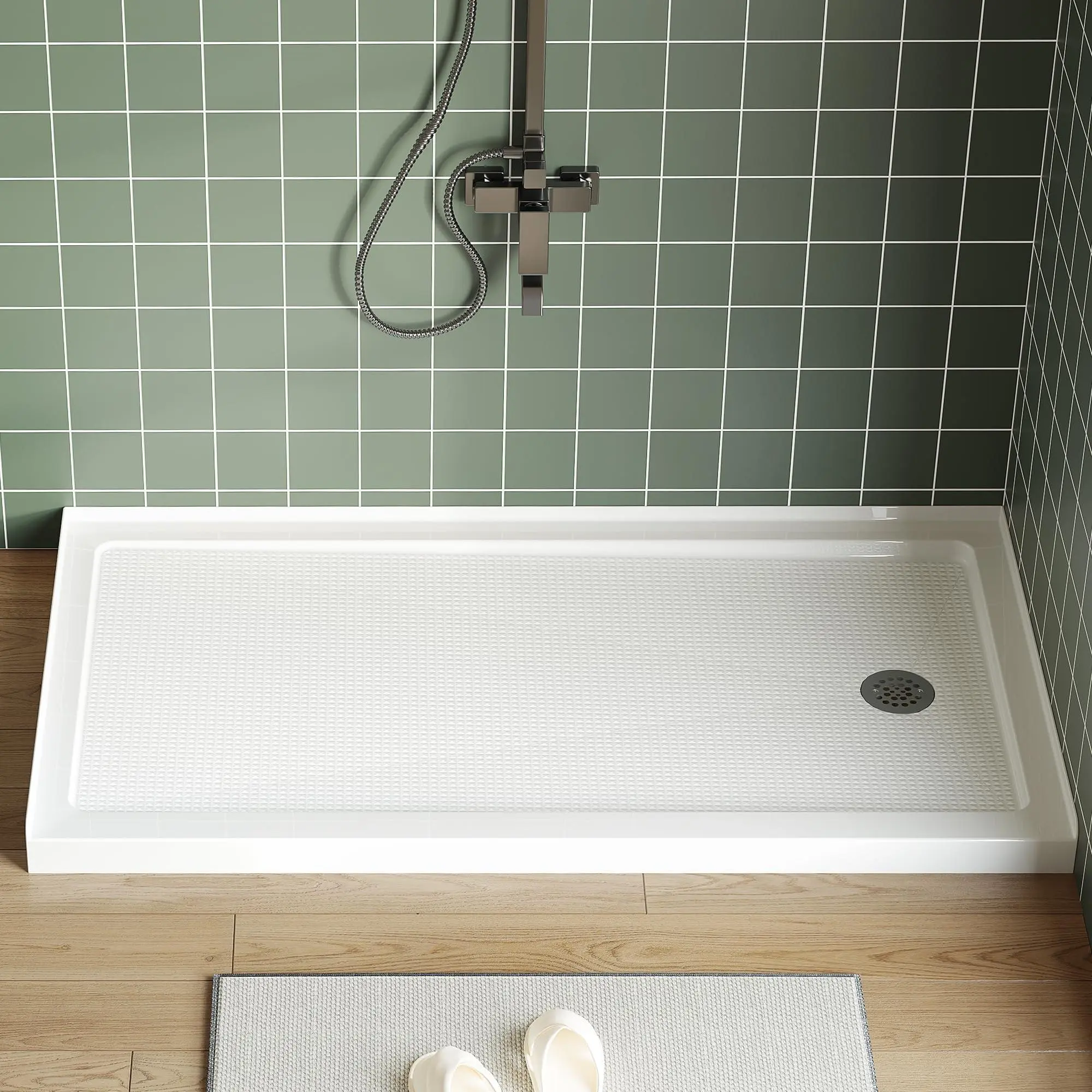 Gaomon White Non-Slip 48x32 Inch Acrylic PVC Rectangular Shower Pan with Right Drain, ABS Cover, 3-Sided Integral Flange, Rectangular Pan