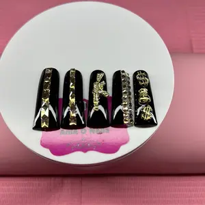 XX Long Press-On Nails with Nail Charms - Black and Gold Design for Stylish Manicure