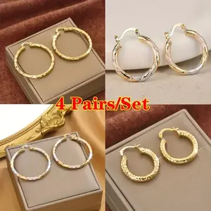 14K Gold Plated Copper Round Hoop Earrings Vintage Bohemian Twisted Pattern Creoles with Nickel-Free Plating Perfect for Daily Wear Wedding Party Birthday Christmas Gifts for Women