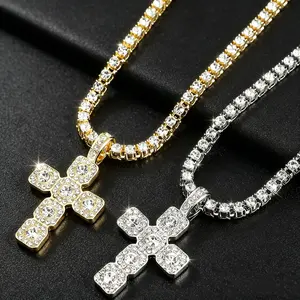Cross Pendant Necklace, , Punk Style Cubic Zirconia Accessory with Stainless Steel Twisted Tennis And Rope Chain, Iced Sparkling Statement Ornament Suitable for Daily Wear And Gifting for Men, Women And Husband