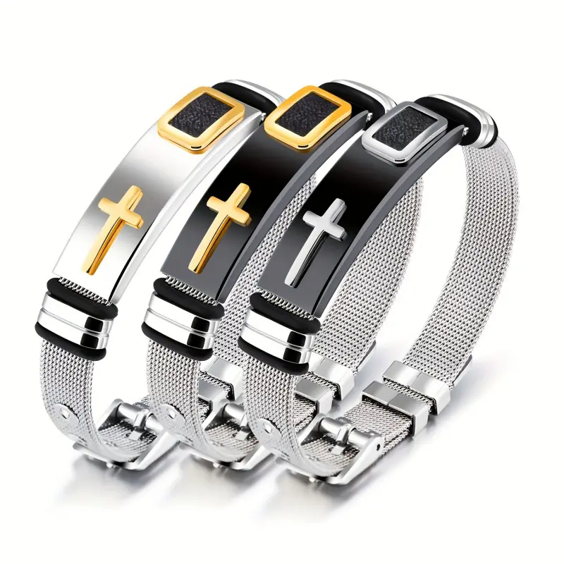 Men's Silvery Golden Casual Chunky Link Cross Bracelet - Glossy 304 Stainless Steel with Titanium Coating, Casual Wear Wrist Candy, Arm Candy Fashion Costume Jewelry Accessory
