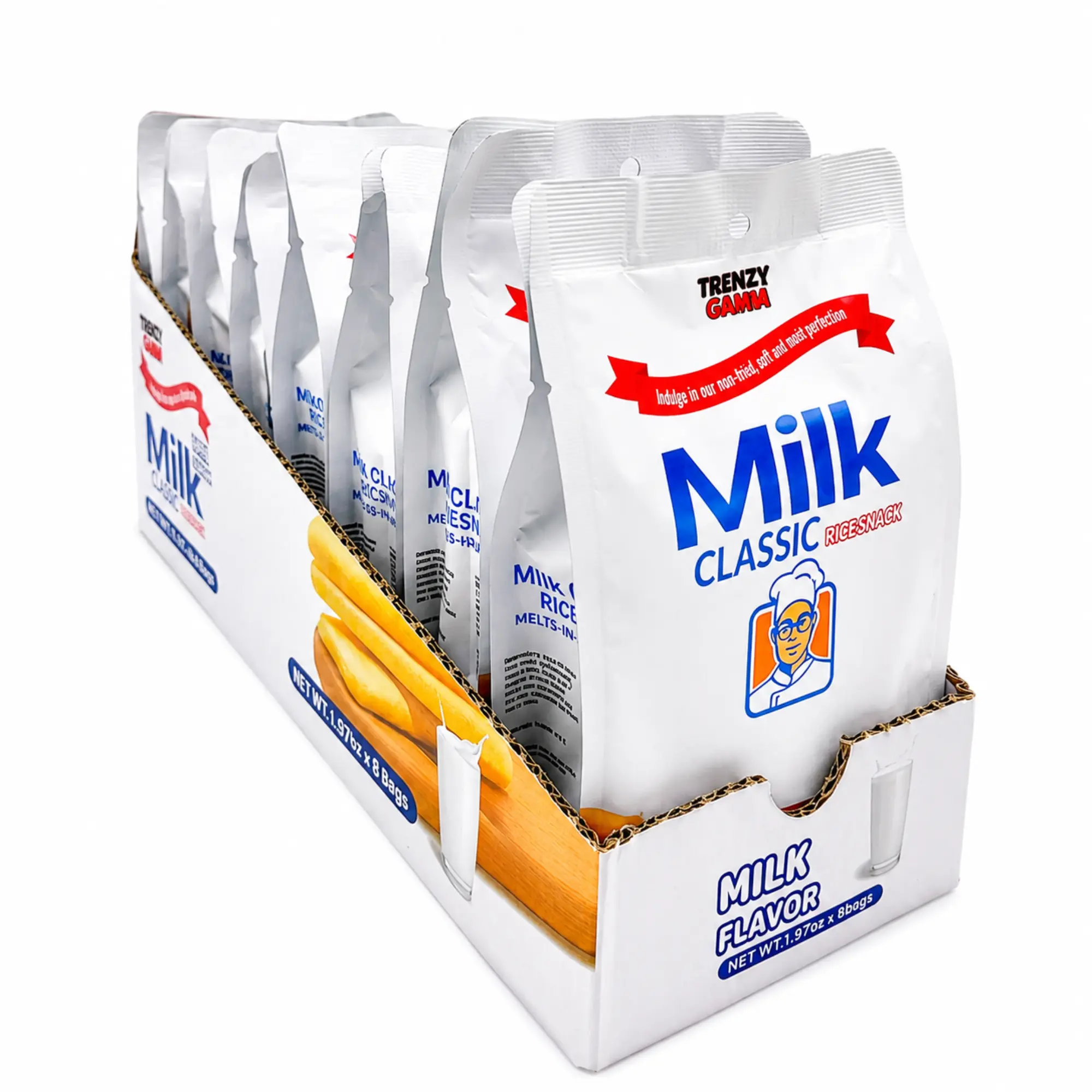 TRENZY GAHM Milk Classic Rice Crackers Crispy Crunchy Snacks, Ready-to-Eat, Individually Wrapped, 8 Packs