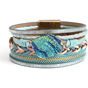 Bracelet for Women, Boho Leather Wrap Multi-Layer Pearl Crystal Bracelet Bangle Jewelry
