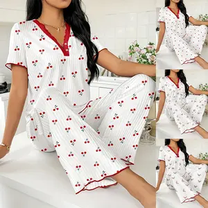 2 Piece Ribbed Pajama Set Short Sleeve V-Neck Sleepwear Cute Cherry Print Button Down Loungewear Sets with Wide Leg Pants  Womenswear