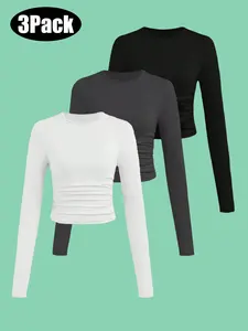 Girls' pleated long sleeved round neck T-shirt top 3-piece set, simple and versatile, suitable for spring, summer, autumn, winter, pure color casual, comfortable and slimming, girls' clothing, Casual tee tops, 3Pack
