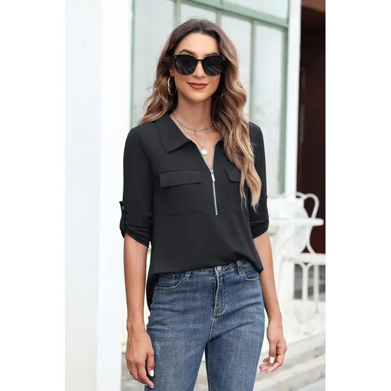 Women's 3/4 Sleeve Collared Blouses Business Casual Tops Zip Front V Neck  Work Shirts Loose Fit Tunic Tops - TikTok Shop
