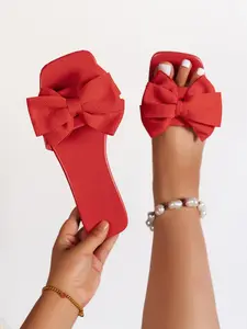 Women's Bowknot Decor Flat Sandals, Casual Open Toe Slip on Sandals for Beach, Fashionable Slide Sandals, Fashionable Shoes for Daily Wear Footwear