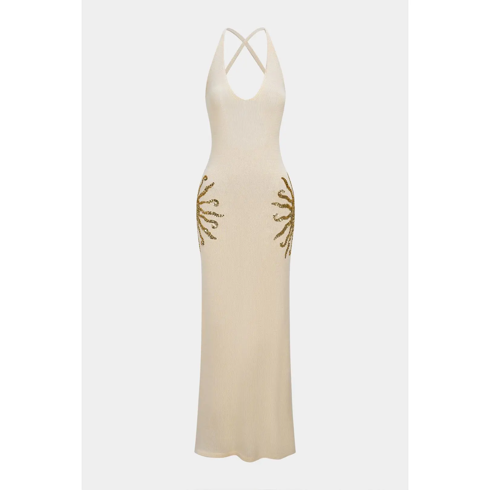 Women's Casual Polyester Sequin Knit Crossback Open-Knit Sleeveless Backless Maxi Dress, Long