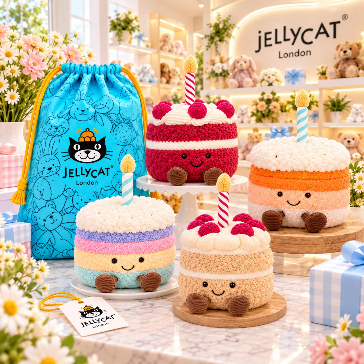 Jellycat Amuseables Cake Plush with FREE Jellycat Drawstring Bag – Soft Birthday Cake Stuffed Animal, Sweet Gift for Cake Lovers