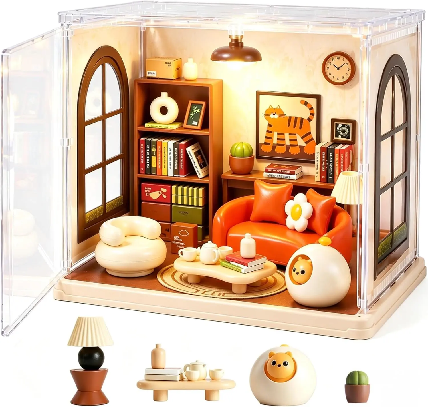 DIY Miniature House Kit Mini Building Kit for Adults Tiny House with Furniture Miniature Dollhouse Kit with Dust Cover Craft LED Decor Birthday Gift for Family Friends Cat Room