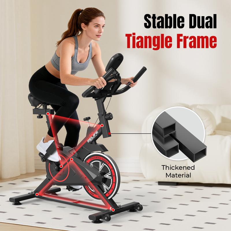Relife Stationary Exercise Bike Fully Adjustable Indoor Cycling Bike with Comfortable Seat, Silent Belt Drive, LCD Monitor, and 330LBS Capacity for Home Cardio Workouts