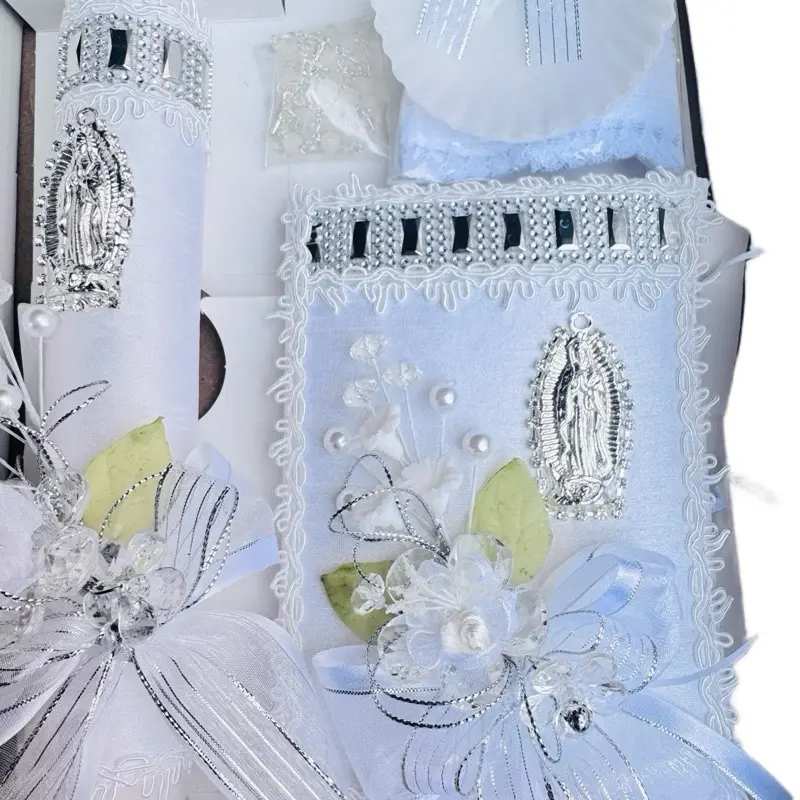 Unique Elegant Traditional Christian 5pcs Baby Baptism Ceremony Gift Set - 8in Candle, Rosary, New Testament, Decorative Elements in Box for Boys/Girls (English & Spanish, White)