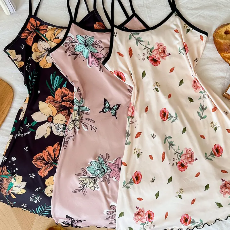 Women's Versatile Floral Butterfly Print Sleeveless Spaghetti Strap Nightgown 3-Piece Set, Soft Lightweight, Sleepwear Loungewear for Home