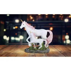 6"H Pink Hair Unicorn with Cub Statue Fantasy Decoration Figurine
