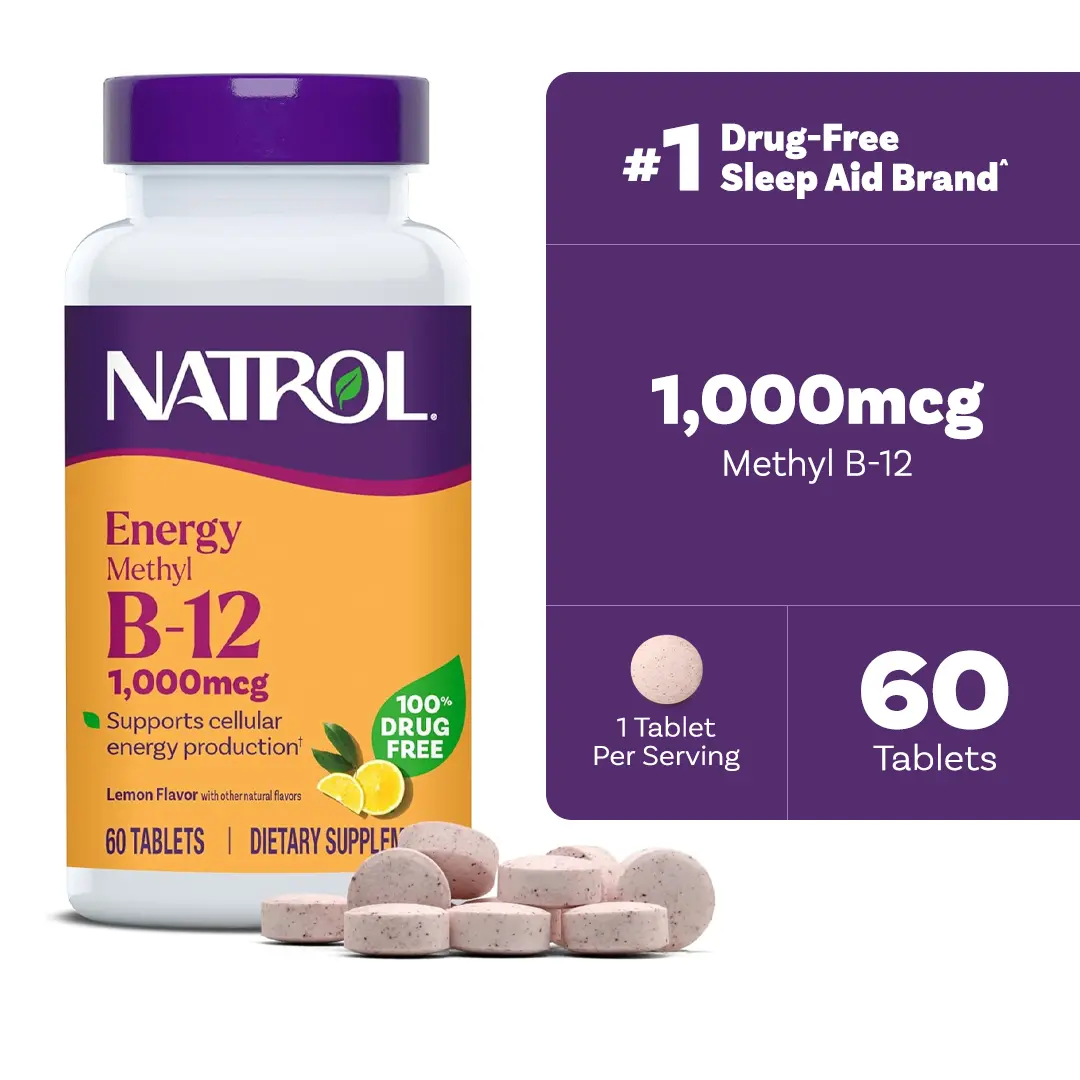 Natrol Energy Methyl B-12 1000 mcg, Lemon Flavored, 60 Chewable Tablets | B12 Supplementation, Supports Brain Health & Cellular Energy Production, Suitable for Vegans and Vegetarians