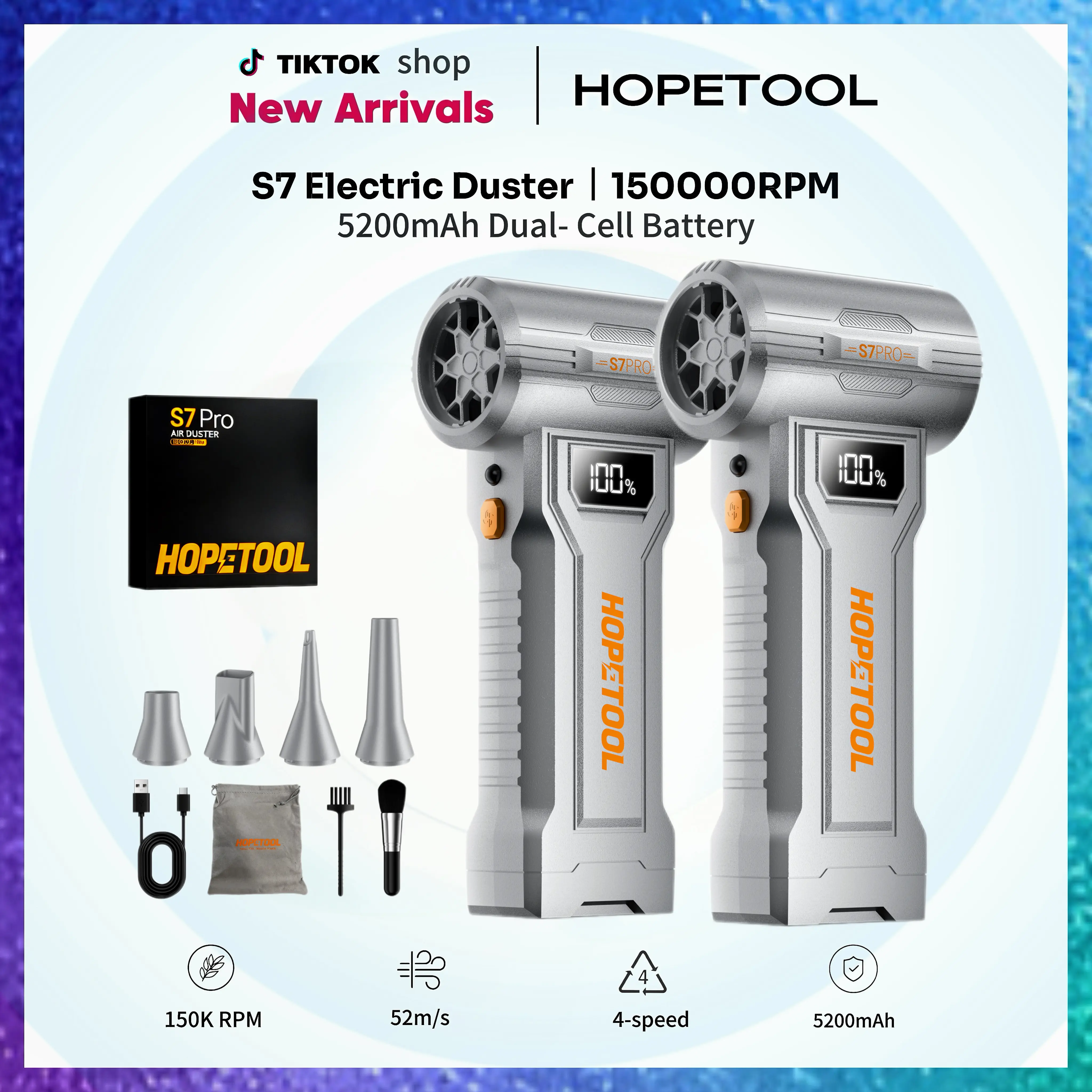 HOPETOOL S7X2 Compact Portable Cordless Rechargeable Electric Duster with 150000 RPM Airflow, 7.4V 5200mAh Dual Batteries, LED Display, Deep Cleaning Power - for PC, Car Detailing, Fast Shipping Household Cleaning Appliance