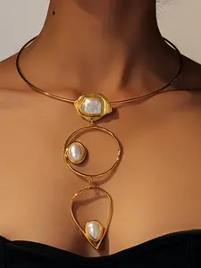 Women's Fashion Necklace, Irregular Geometric Design with Hollow Round Water Drop Metal Circle, Acrylic Pearl Pendant, Simple Style, Necklace for Daughter