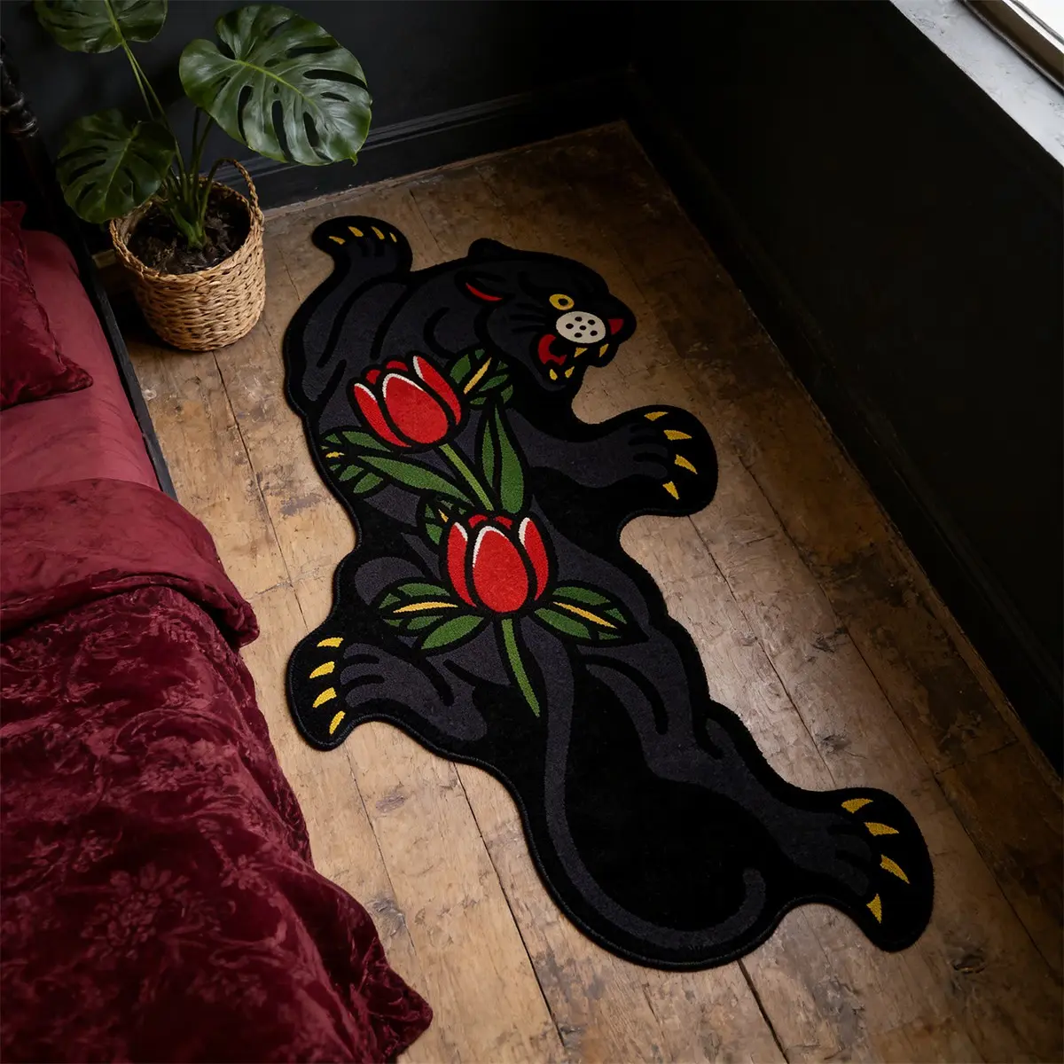 American Vintage Panther Carpet, Tulip Pattern, Soft Velvet Rug, Animal Printed Rug, Animal Themed Rugs, Bedroom Bedside Mat, Holiday Gift, Home Decor, Living Room, Hallway, Area Rug, Indoor Decorative Rug