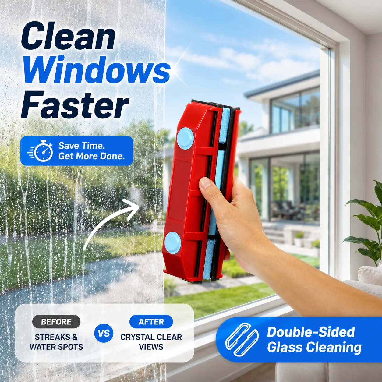 Double Sided Magnetic Window Cleaner, Strong Magnet Glass Wiper for Home Windows, Streak-Free Window Cleaning Tool