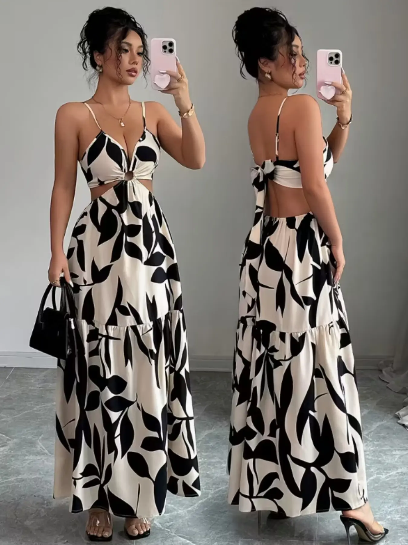 Women's Leaf Print Halter Long Dress, Summer Slim-Fit A-Line Dress, Backless Bow Dress, Party Dress, Vacation Dress, Elegance, Formal