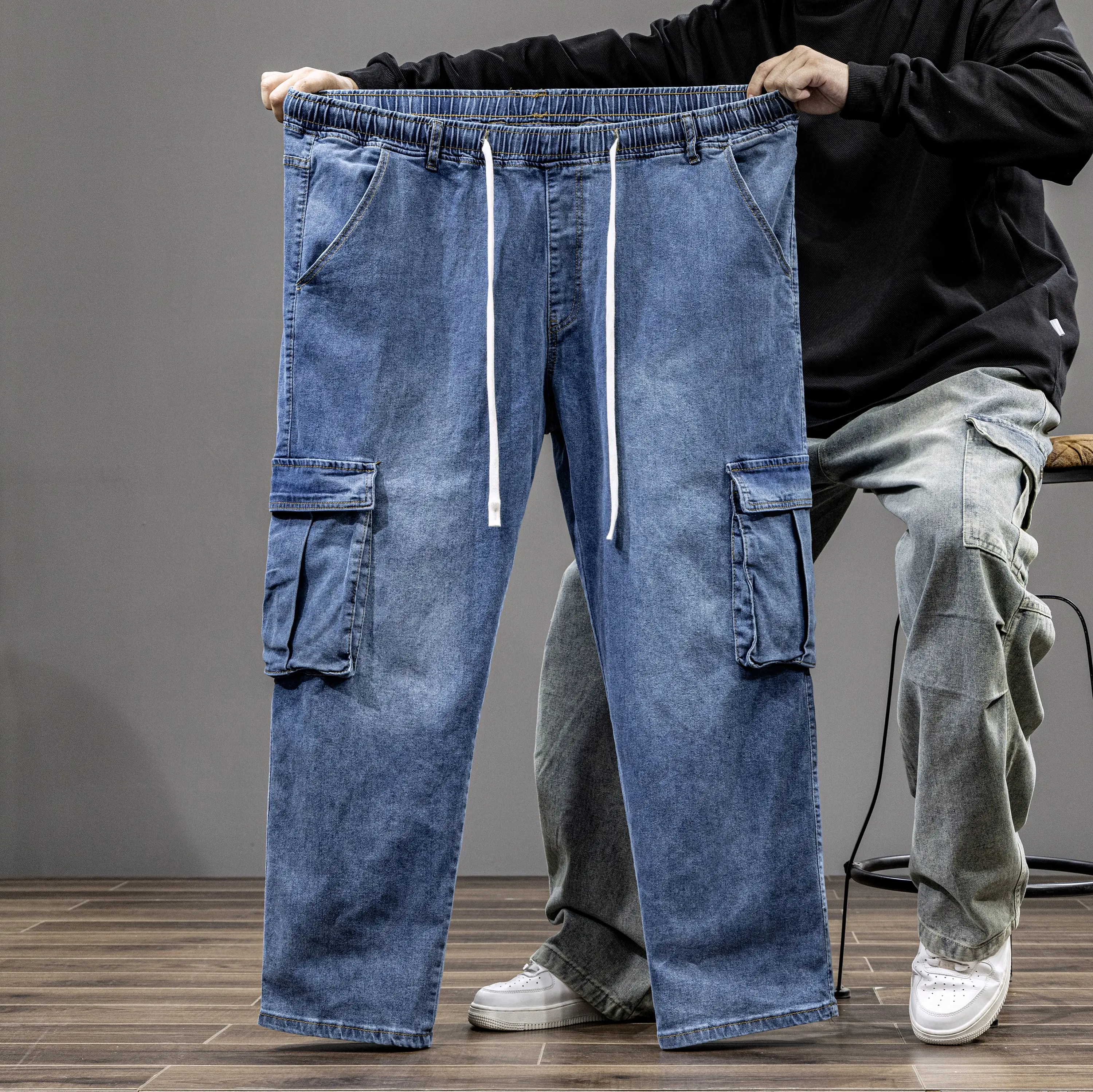 Men’s 4XL-9XL Loose Fit Cargo Jeans Stretch Elastic Waist Denim