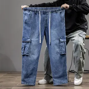 Men’s 4XL-9XL Loose Fit Cargo Jeans Stretch Elastic Waist Denim