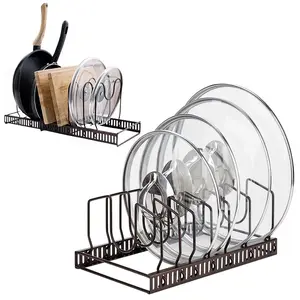 2-in-1 Kitchen Pot Organizer: Expandable Black Shelf with 10 Dividers & Non-Adjustable Bronze Rack with 7 Dividers - Rust-Resistant Iron Storage for Cookware, Lids