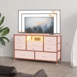 Pink 8-Drawer TV Stand for 55 Inch TVs, Wooden Top Console Table with 22 Dynamic LED Light Modes, Wide Storage Chest with Built-in Power Outlets for Bedroom, Living Room & Entryway