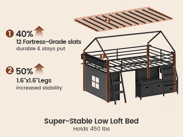 ADORNEVE Low Loft Bed Full Size with Bookshelf and Reading Nook LED Loft Bed with 3 Drawers and Under-Bed Play Space Loft Bed with Safety Guardrail and Inclined Ladde Play Curtain