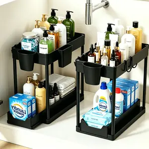 2pcs/1pc 2 Tier Pull Out Under Sink Organizer with 4 Hooks and Side Cup, Sliding Under Cabinet Storage Basket, Multi-Purpose Under Sink Shelf for Kitchen Bathroom, Space Saving Cabinet Organizer