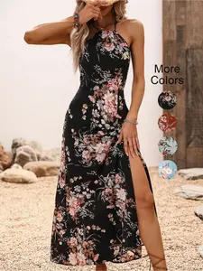 Elegant Floral Print Halter Neck Dress, Boho Style Split Thigh Design, All-Season Woven Fabric, Fitted Thin Fashion for Women, Casual Boho Bohemian