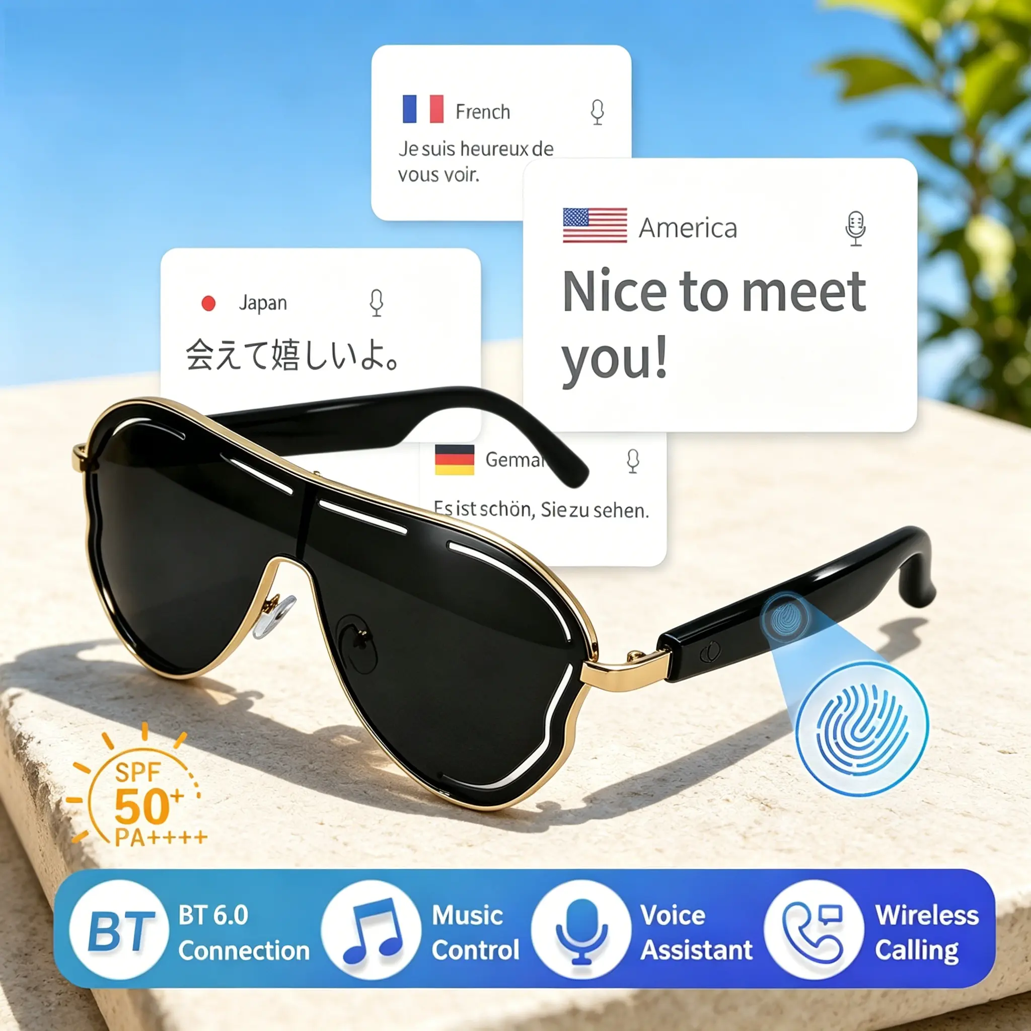 Smart Bluetooth Glasses, Wearable Smart Glasses, AI Translation 100+ Languages, Open-Ear Audio Glasses with Mic, Hands-Free Calls, Touch Control, Voice Assistant, UV Protection Eyewear for Outdoor Sports Driving, Wireless Smart Glasses