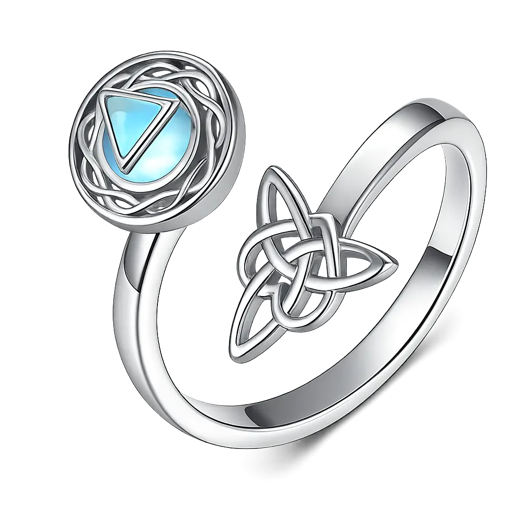 AELNEN Women's Adjustable 6 to 12 Size Sterling Silver 4g Moonstone Celtic Knot Open Ring - Boho Vintage Costume Jewelry, Triangle Accent Daily Accessory for Adults, Gift for Anniversary, Christmas
