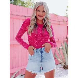 Women's Rhinestone Round Neck Long Sleeved Bodysuit