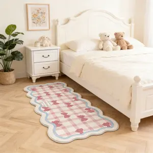 Girly heart pink white plaid bow living room sofa carpet wavy edge special-shaped bedroom carpet imitation cashmere thickened bedside blanket non-slip wear-resistant mat dressing table foot mat princess room machine washable home full-floor carpet