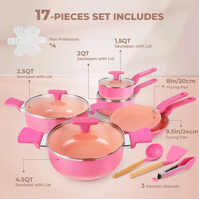 MGKKT Ceramic Cookware Sets 17 Pcs Non-Stick Pot and Pan Set with Oil Polymerization Design Healthy Non-Toxic Cooking RV Camping Stackable PTFE/PFOA Free Pink blackfriday black friday deals 2025 TiktokShopBlackFriday