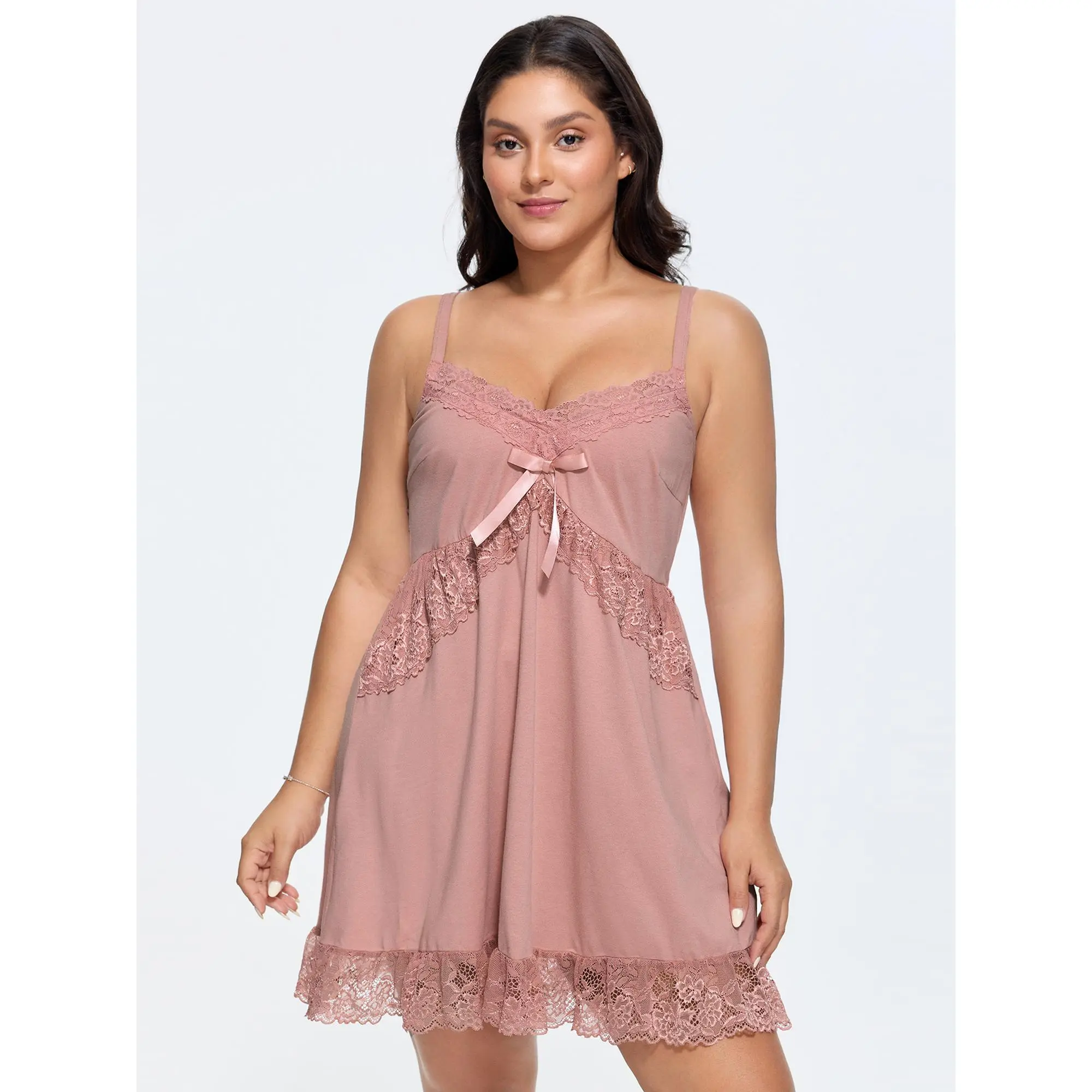 Women's Comfy Cable Knit Nightgown - Simple Basic Everyday Breathable Solid Midi Sleepwear Loungewear with Ruffled Lace Hem, Bow Detail, Spandex for Summer, Nightwear, Fabric, Sleeve, Cotton Blend, Minimalist, Soft Aesthetic, Flattering, Midi Length, Fit,